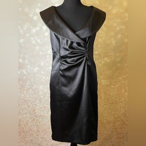 Blu Sage Satin Black Cocktail Dress with Draped V-Neck